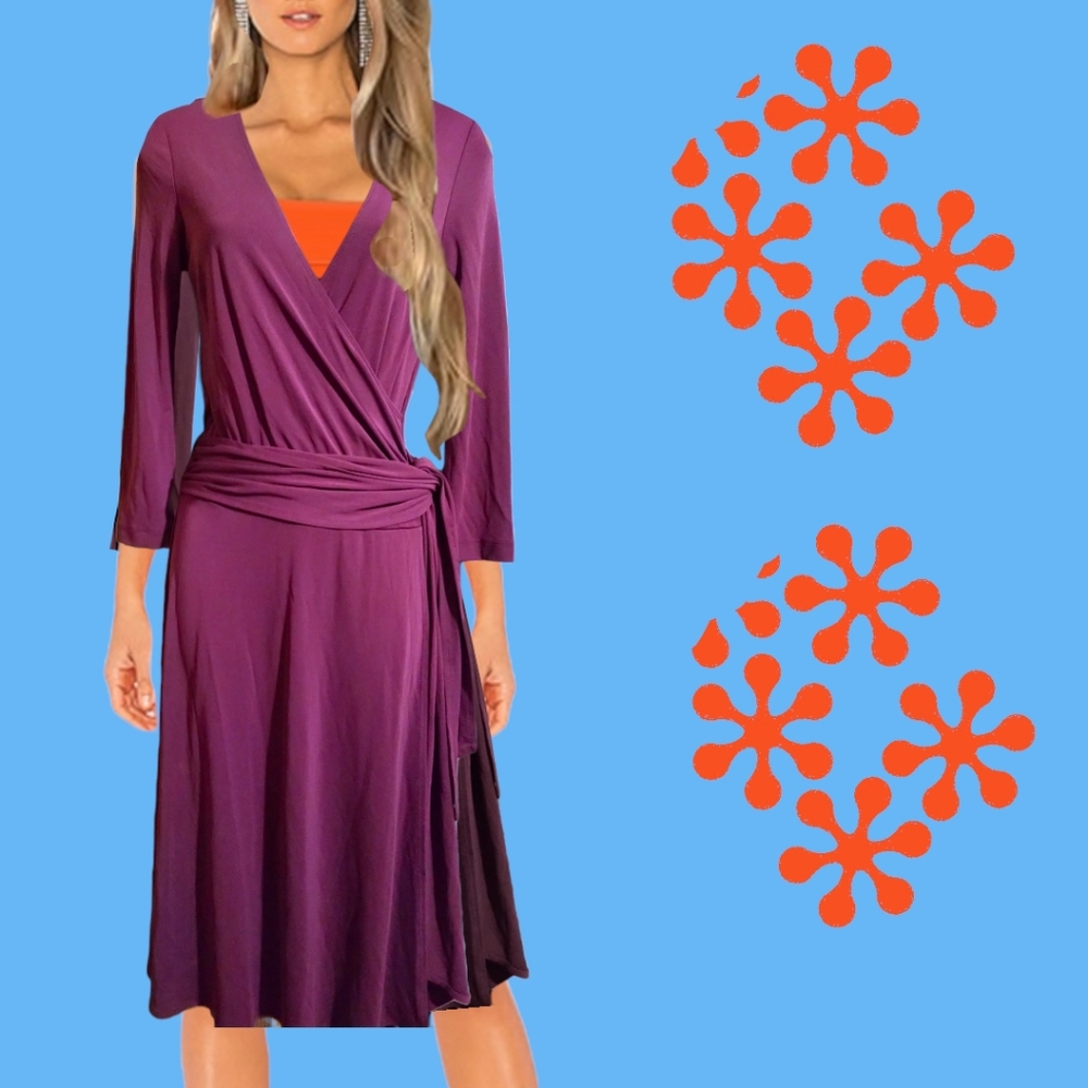 🍒BCBG MAXAZRIA🍒Plum Faux Wrap🍒3/4 Sleeve🍒 Jersey Dress